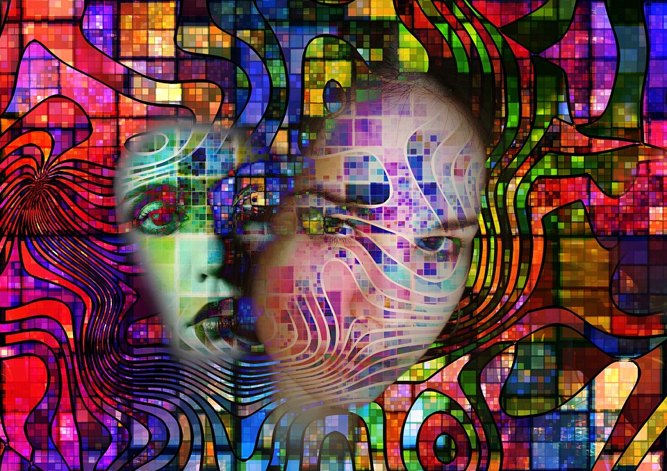 NLP A surreal digital collage showing two overlapping human faces with intense expressions, surrounded by colorful mosaic tiles and swirling black lines, evokes the journey of healing and recovery through distortion and vivid abstraction. Hypnotherapy