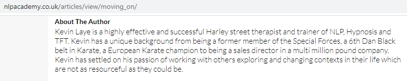 Screenshot of a website section titled About The Author, describing Kevin Laye as an NLP therapist skilled in Hypnotherapy, with a background in the Special Forces, sales, and karate—now dedicated to helping others on their healing journey through therapy.