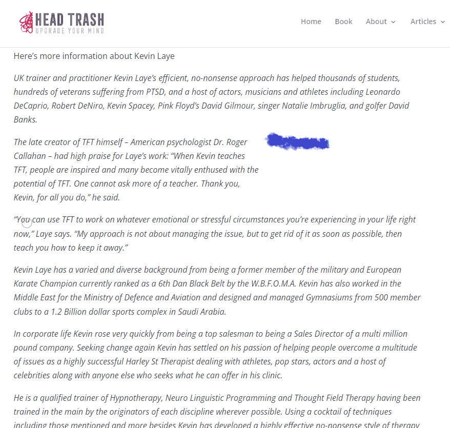 A website page titled Head Trash features an article about Kevin Laye, describing his background, experience, and achievements as a trauma release expert specializing in NLP Hypnotherapy, trainer, author, public speaker, and therapist.