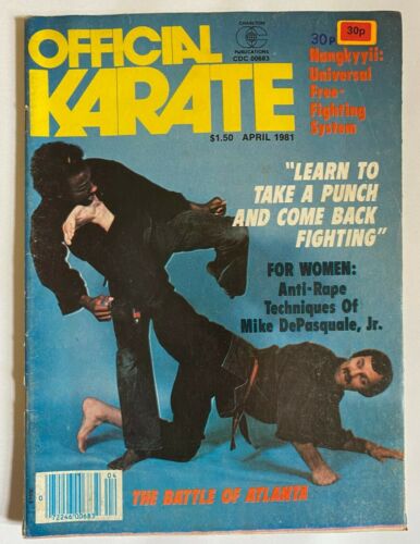 April 1981 cover of Official Karate magazine featuring two martial artists in action, one pinning the other on a blue mat. Text includes headlines about self-defense, martial arts techniques, and NLP Hypnotherapy for healing and recovery.