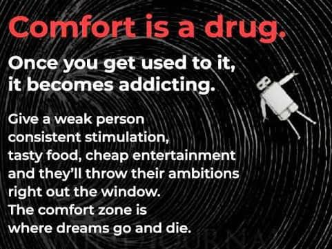 White text on a black spiral background reads: Comfort is a drug. Once you get used to it, it becomes addicting... A small robot figure floats on the right, hinting at the need for NLP Hypnotherapy to break free and reclaim ambition.