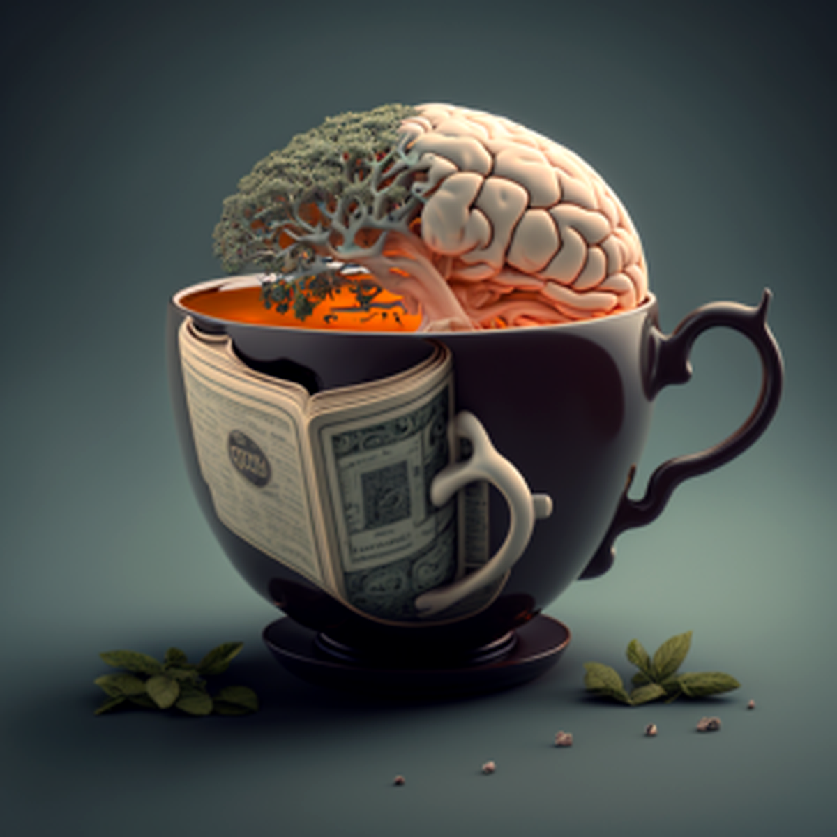 NLP A surreal teacup features a brain and tree inside, symbolizing consciousness, with a book and dollar bill on the cup’s side. Mint leaves and seeds rest nearby on a neutral background. Hypnotherapy