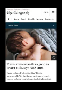 NLP A baby lies on a woman's bare chest, nursing peacefully beneath a gray blanket. The headline below reads, NLP Hypnotherapy Healing Recovery: Trans-women’s milk as good as breast milk, says NHS trust. Hypnotherapy