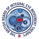 NLP Logo for the British Board of Integral Eye Movement Therapy, featuring overlapping blue and grey circular shapes resembling gears, symbolizing NLP Hypnotherapy and recovery. A small UK flag sits at the bottom with text encircling the design. Hypnotherapy