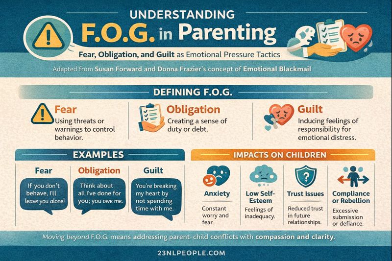 NLP Infographic explaining F.O.G. in parenting—Fear, Obligation, and Guilt—as emotional pressure tactics, with examples and impacts on children. Includes how NLP Hypnotherapy can support healing and recovery from anxiety, low self-esteem, and trust issues. Hypnotherapy