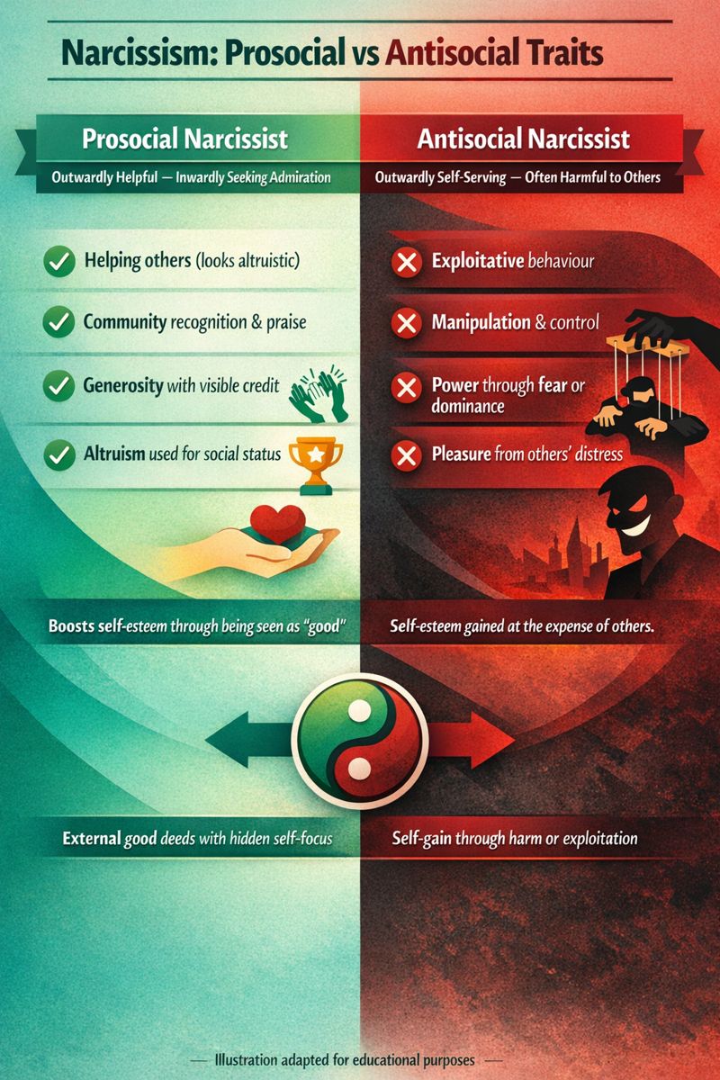NLP An infographic comparing prosocial narcissists, who help others for praise and admiration, to antisocial narcissists, who exploit and manipulate for self-gain. It highlights traits, motivations, impacts on self-esteem, and the role of NLP Hypnotherapy in healing. Hypnotherapy