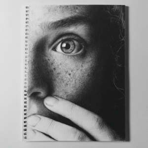 NLP A hyper-realistic pencil drawing in a spiral-bound sketchbook shows a close-up of a person’s wide eye, freckles, and fingers gently touching their lips, evoking the quiet introspection found in NLP Hypnotherapy healing and recovery. Hypnotherapy