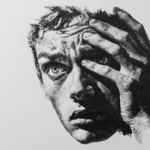 NLP A black and white sketch of a man with wide, anxious eyes, furrowed brows, and one hand pressed to his forehead, capturing intense worry or fear before discovering NLP hypnotherapy for healing and recovery. Hypnotherapy
