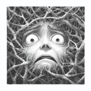 NLP A scared face with wide eyes and a worried expression is tangled in a dense, chaotic web of intertwining branches or roots, symbolizing the fear and entrapment often addressed in NLP Hypnotherapy on the path to healing and recovery. The image is in black and white. Hypnotherapy