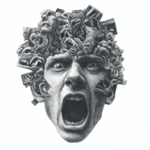 NLP A detailed black and white drawing of a face screaming, with the top of the head morphing into chaotic, tangled shapes and small objects, symbolizing intense emotion, mental turmoil, and the struggle for healing and recovery. Hypnotherapy