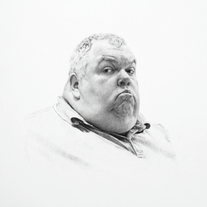 NLP A detailed pencil sketch of a large man with short hair and a serious expression, wearing a collared shirt, looking slightly to the side—his demeanor reflecting themes of healing and recovery—set against a plain white background. Hypnotherapy