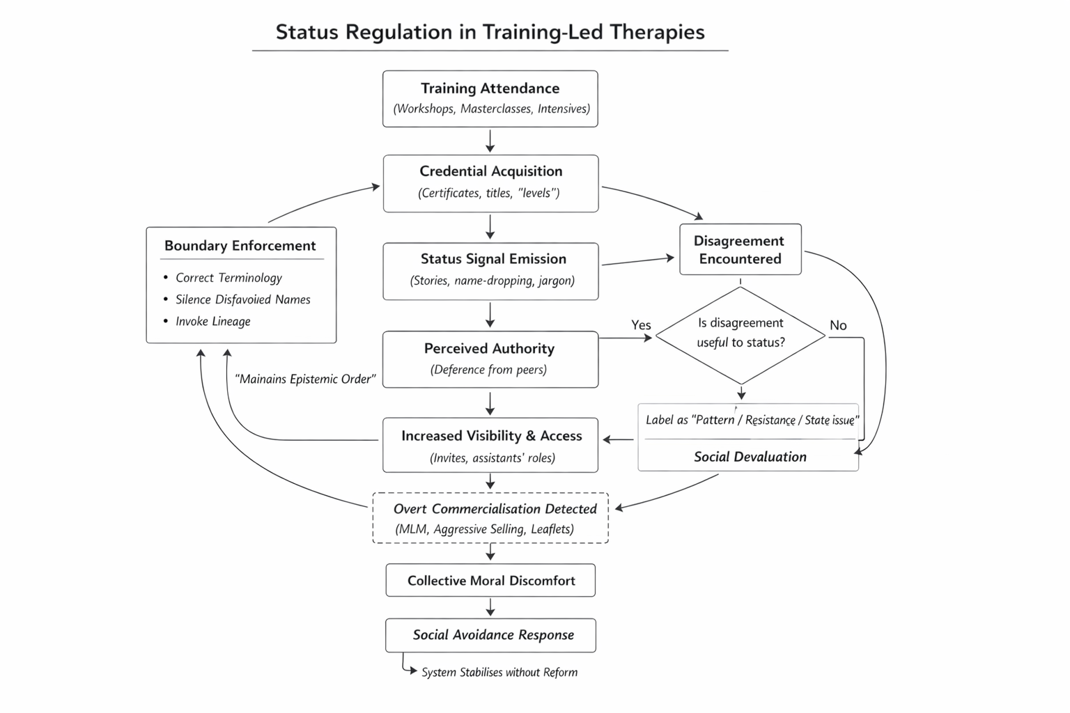 NLP Flowchart illustrating Status Regulation in Training-Led Therapies, such as NLP Hypnotherapy, showing steps from training attendance to credential acquisition, authority, visibility, commercialization, moral discomfort, and social devaluation. Hypnotherapy