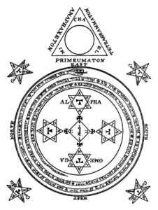 Black and white illustration of occult symbols, featuring concentric circles with Hebrew and Latin text, pentagrams at the four cardinal points, hexagrams in the center, and references to NLP Hypnotherapy for healing and recovery.