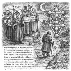A black-and-white drawing shows graduates holding diplomas labeled Grand Illusion and Divine Inequity. A hooded figure faces a Tree of Life diagram with an all-seeing eye, while text below explores spiritual growth, NLP Hypnotherapy, and the journey to healing.