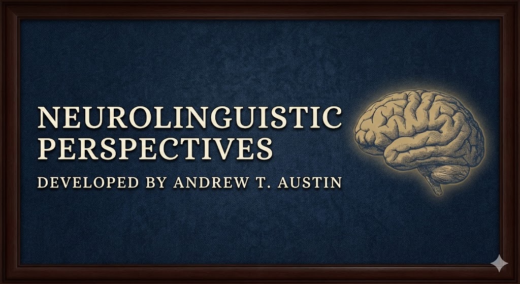 NLP A dark blue background features the text Neurolinguistic Perspectives Developed by Andrew T. Austin alongside an illustration of a human brain, all bordered by a brown wooden frame, highlighting NLP Hypnotherapy for healing and recovery. Hypnotherapy