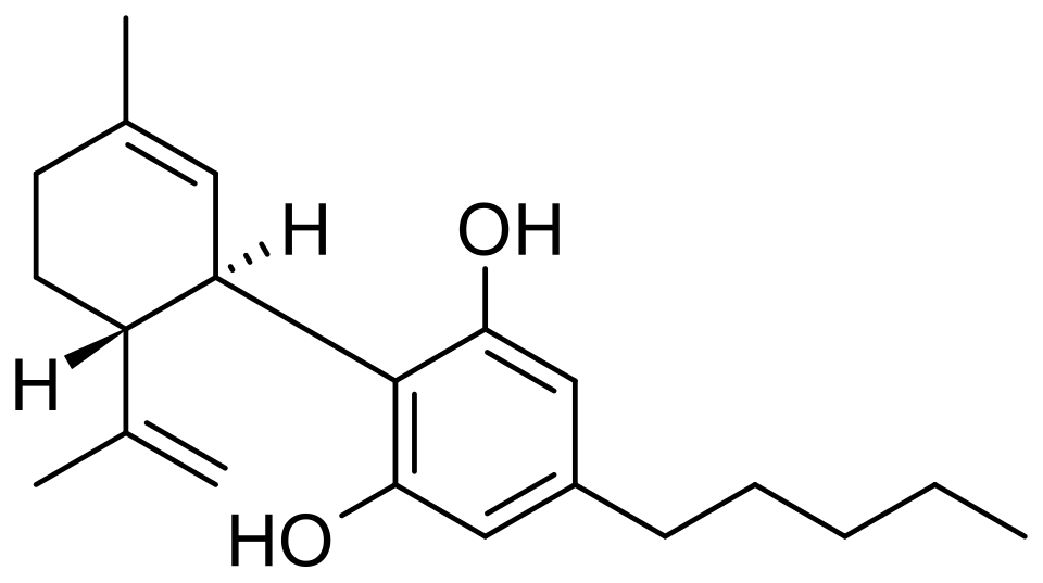 Two-dimensional structural formula of cannabidiol, also called CBD.