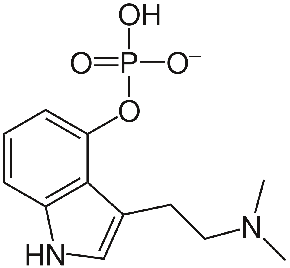 Structural formula of psilocybin, showing its indole ring and phosphate group.