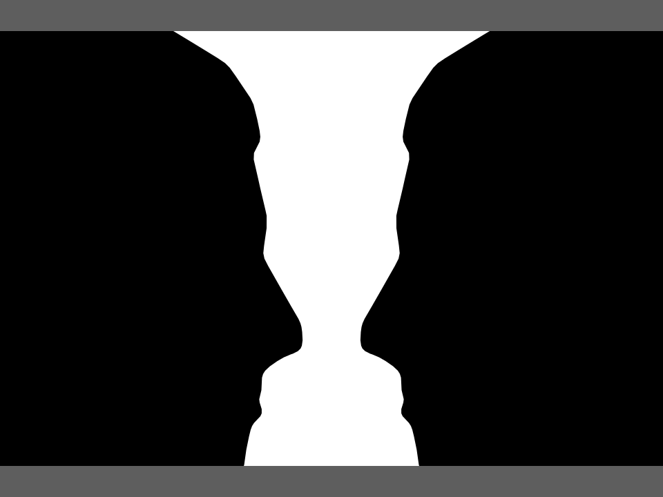 Two black profiles facing one another also define the outline of a white vase.